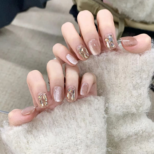 Glamorous Rose Gold Short Square Press On Nail Set with Iridescent Gem Accent