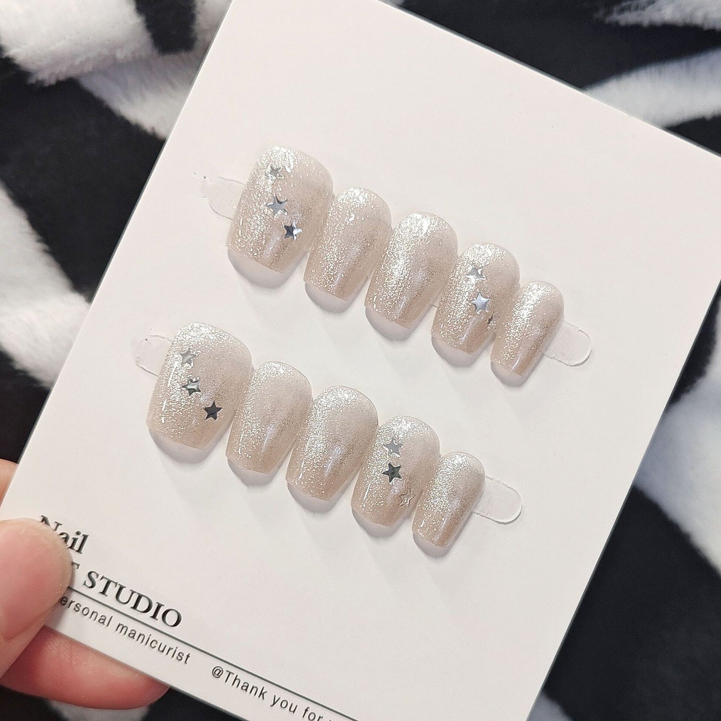 Celestial Sparkle Short Square Beige Press On Nail Set with Star Accents