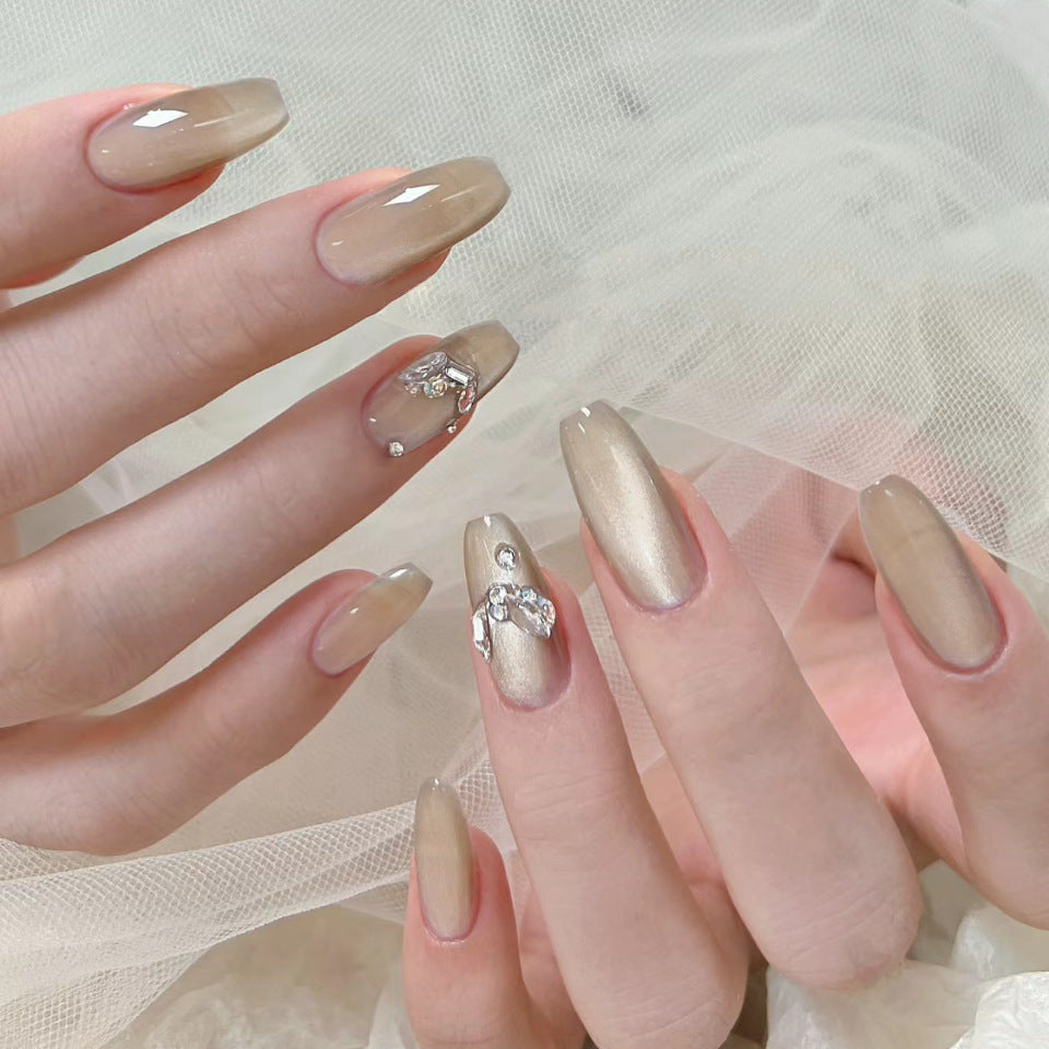 Elegant Glamour Press On Nail Set Long Coffin Beige with Sparkling Gem Accents