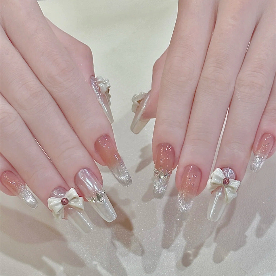 Whimsical Elegance Long Coffin Transparent White Nails with Charming Bow Accents