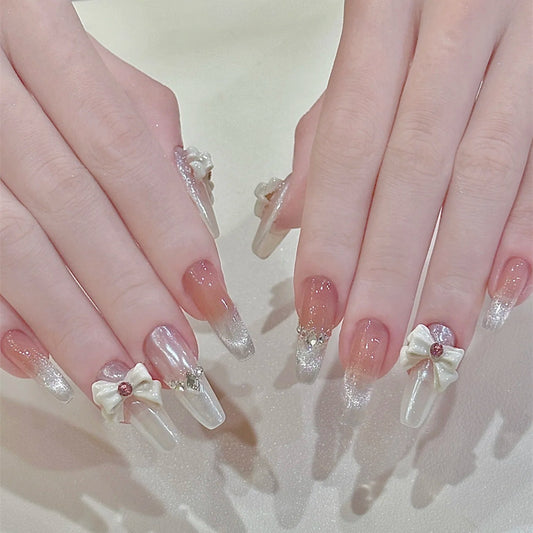 Whimsical Elegance Long Coffin Transparent White Nails with Charming Bow Accents