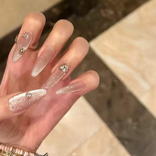 Glamorous Elegance Long Almond Shimmering Blush Pink with Dazzling Rhinestone Accents Press On Nail Set