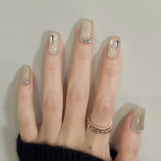 Elegant Oasis Medium Square Beige Press On Nail Set with Sparkling Rhinestones