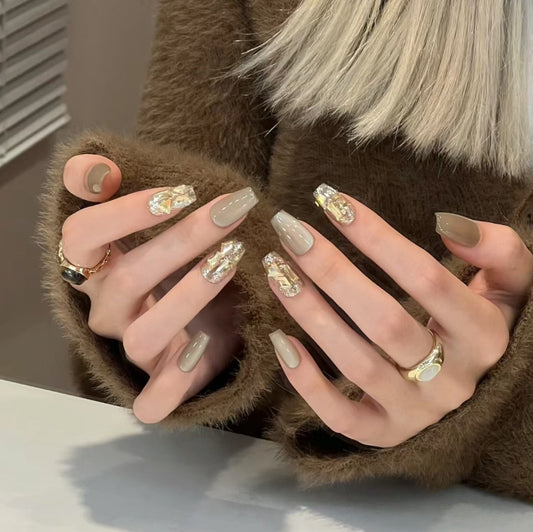 Glamorous Chic Extra Long Coffin Beige Press On Nail Set with Glittering Gold Accents