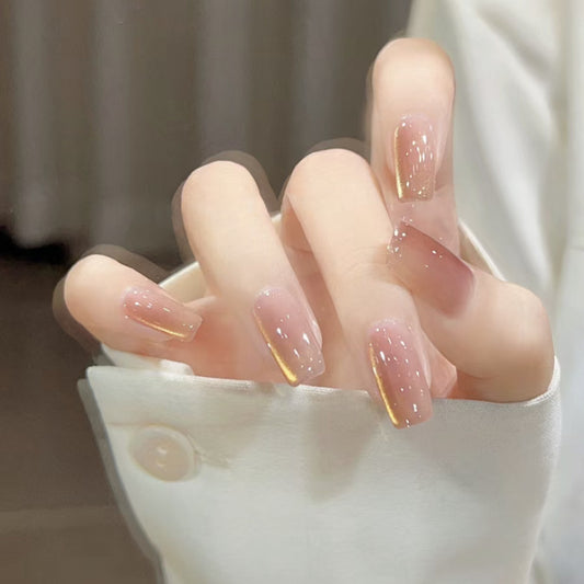 Glamorous Elegance Long Square Blush Pink Press On Nail Set with Chic Gold Ombre Tips