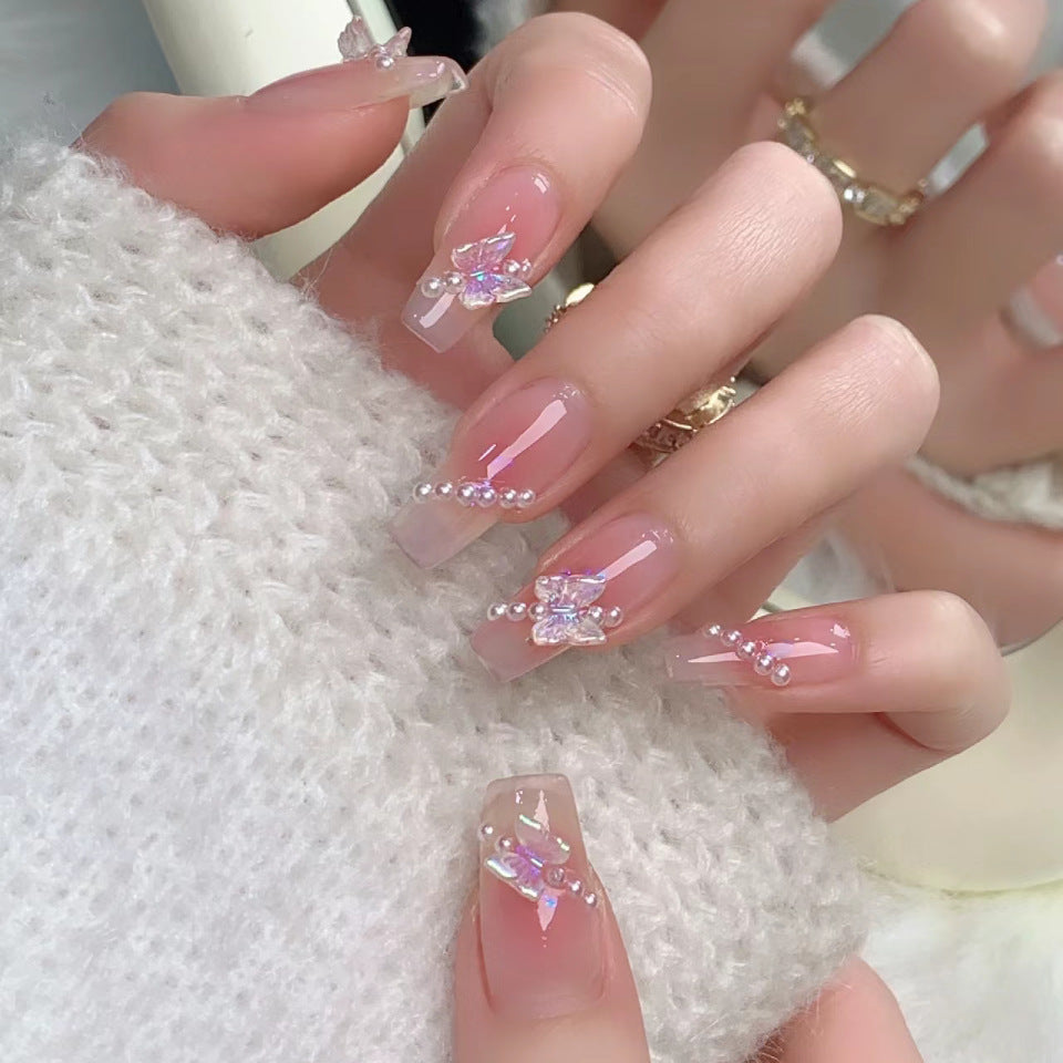 Fairy Blossom Long Coffin Pink Press On Nail Set with Gemstone and Pearl Accents