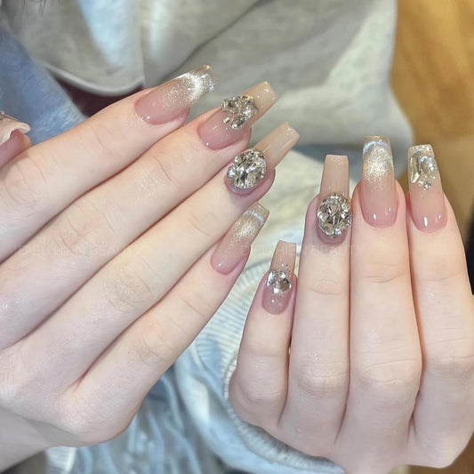 Glamorous Princess Long Square Beige with Glitter and Rhinestones Press On Nail Set