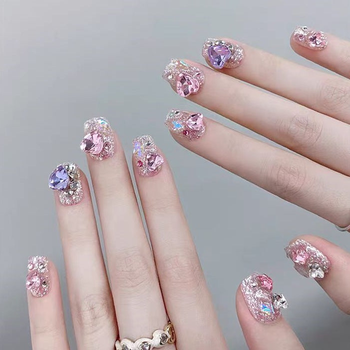 Glamorous Fairy Tale Medium Square Pink Rhinestone Press On Nail Set with Glittering Gem Accents