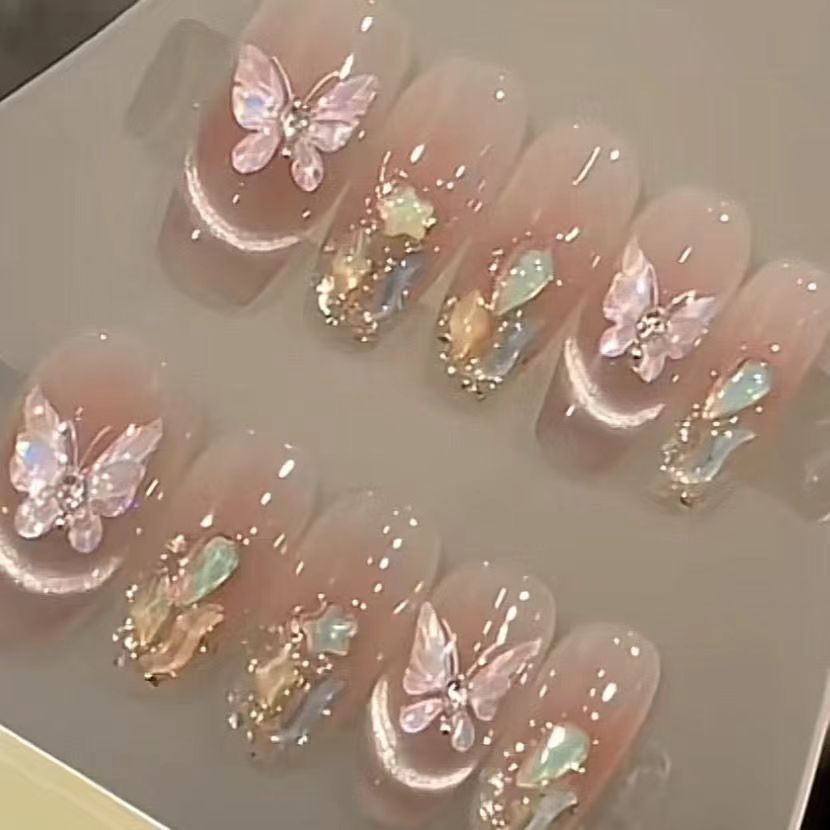 Butterfly Garden Long Coffin Pink Press On Nail Set with Iridescent Accents and Gemstone Details