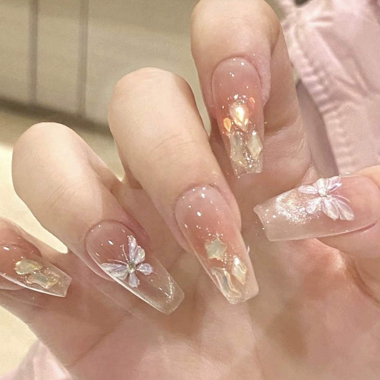 Whimsical Garden Long Coffin Pink Glitter Press On Nail Set with Floral Accents