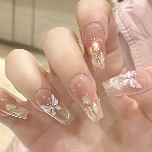 Whimsical Garden Long Coffin Pink Glitter Press On Nail Set with Floral Accents