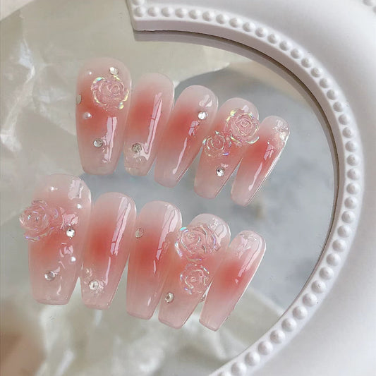Romantic Garden Long Coffin Pink Press On Nail Set with 3D Rose Decorations and Sparkling Accents