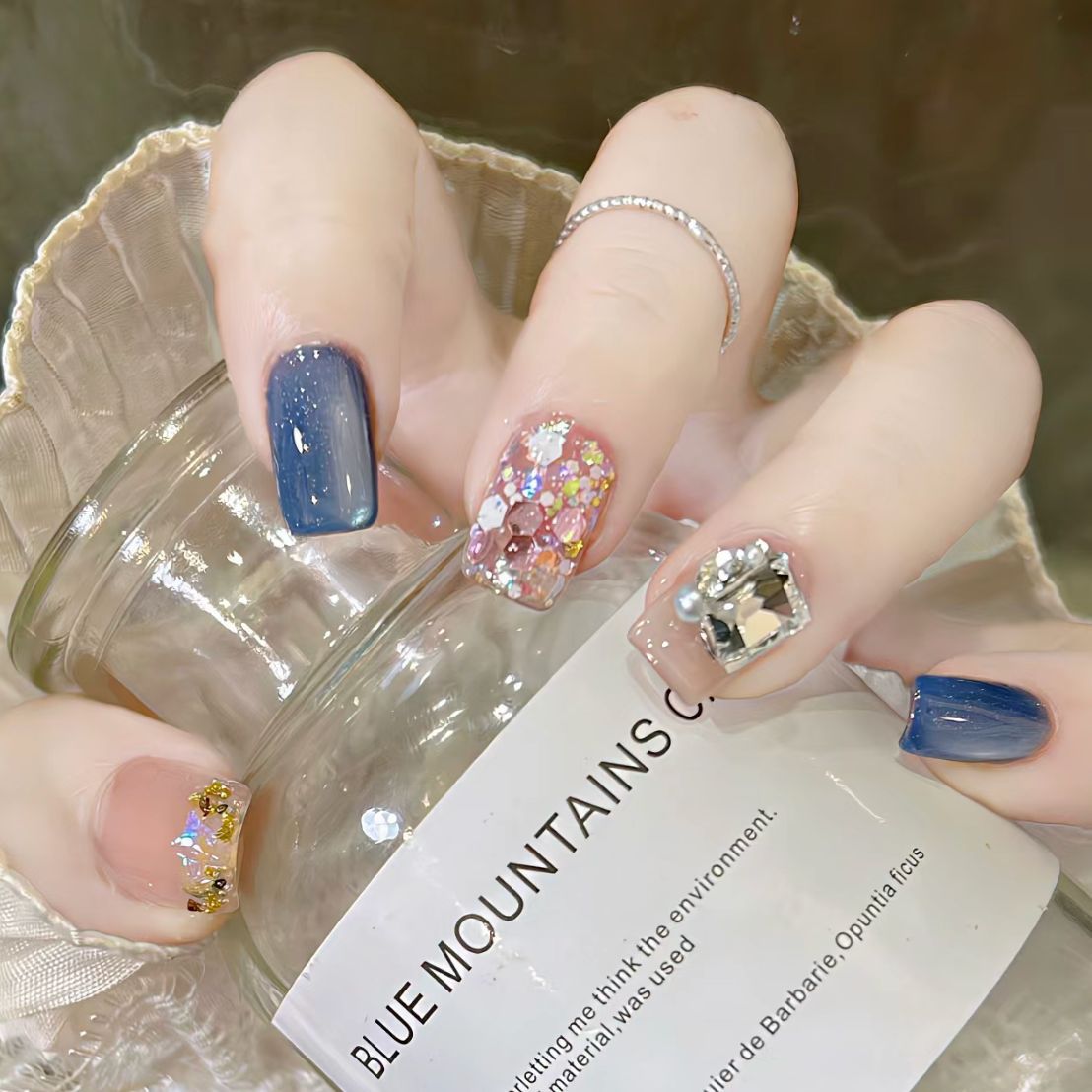 Enchanted Evening Medium Square Blue Glitter and Sparkle Press On Nail Set with Gemstone Accents