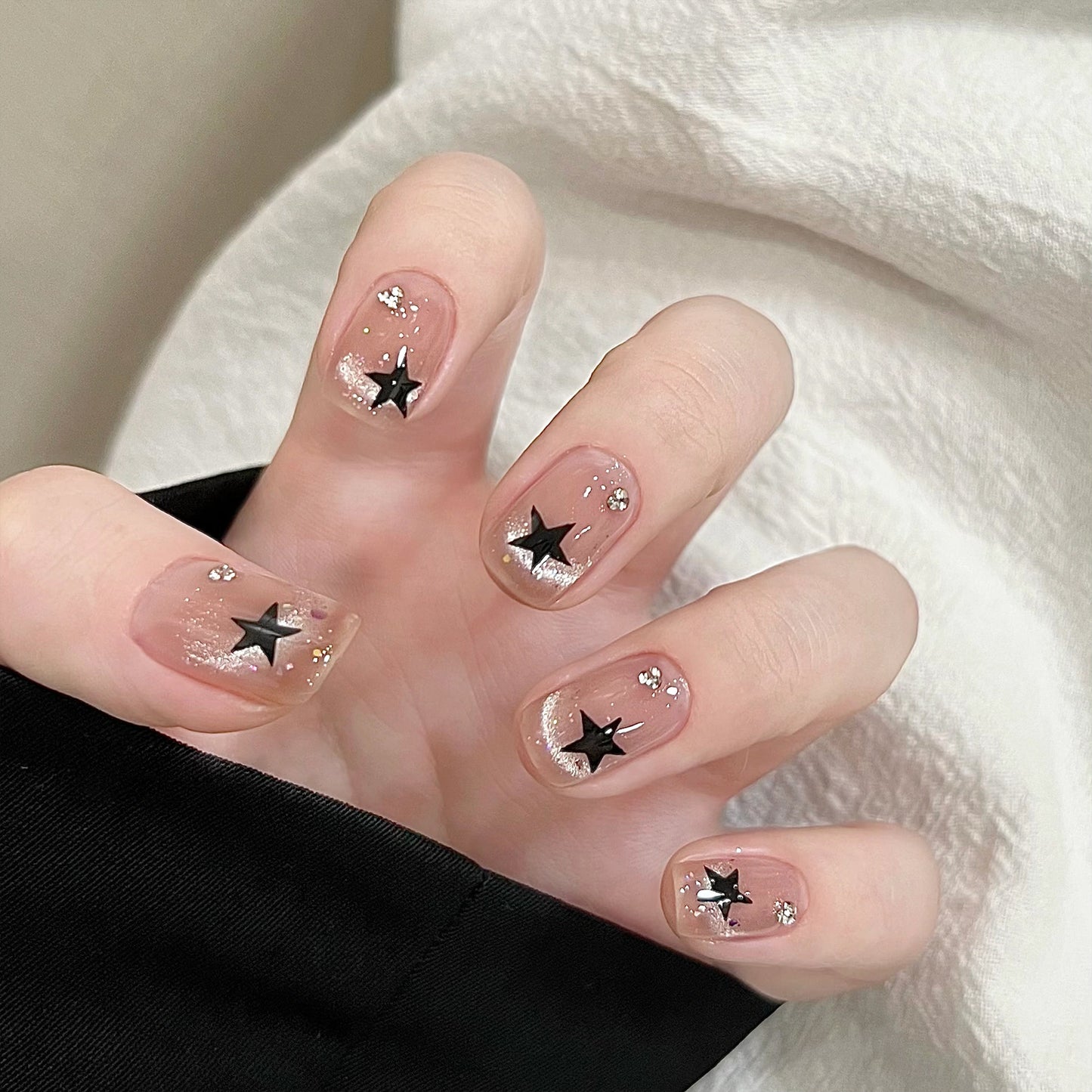 Starry Night Short Square Clear Press On Nail Set with Shimmer and Black Star Accents