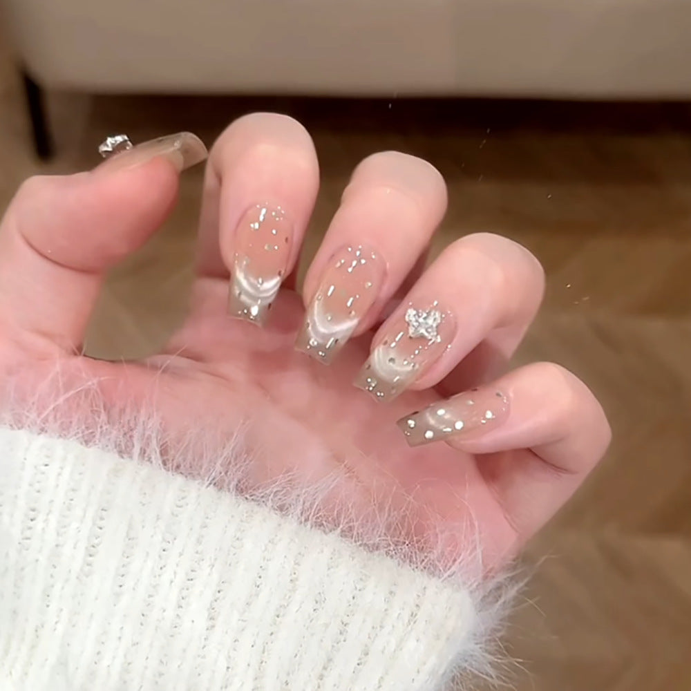 Elegant Mermaid-Themed Medium Coffin Shaped Beige Press On Nail Set with Glitter and Gem Accents