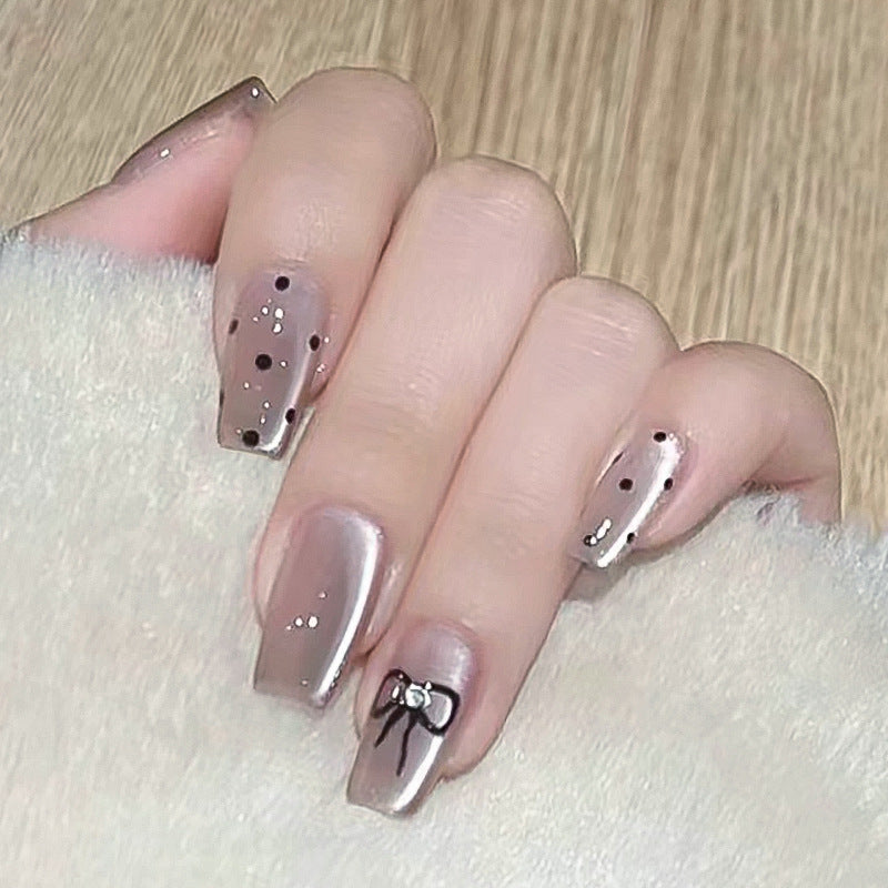 Chic Elegance Medium Square Beige Press On Nail Set with Glitter Accents and Bow Detail