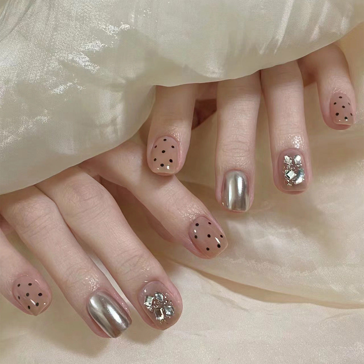 Glimmering Elegance Short Squoval Beige and Silver Press On Nail Set with Polka Dots and Gem Accents