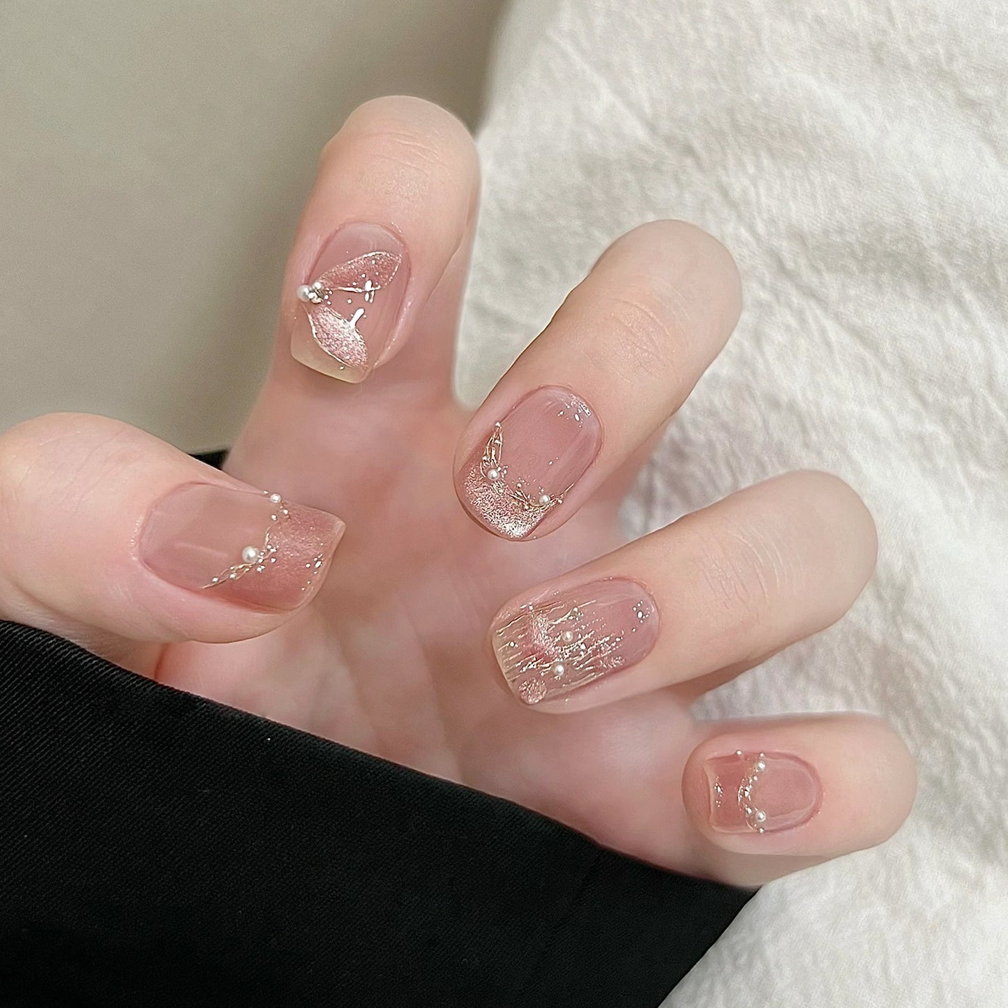 Celestial Dreams Short Square Blush Pink Press On Nail Set with Elegant Gold Foil Accents