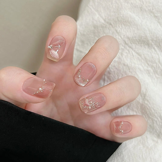 Celestial Dreams Short Square Blush Pink Press On Nail Set with Elegant Gold Foil Accents