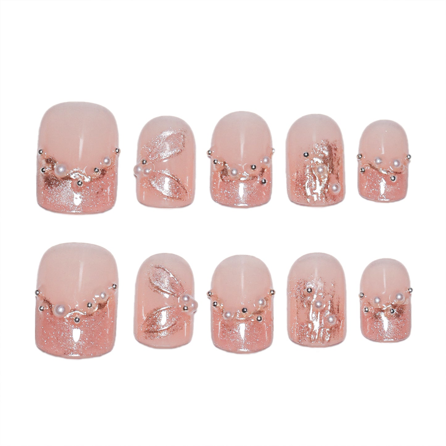 Enchanting Elegance Short Square Soft Pink with Sparkling Pearl Accents and Shimmering Glitter Design Press-On Nail Set
