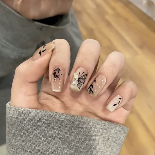 Butterfly Garden Medium Square Beige Press On Nail Set with Floral Designs and Glitter Accents