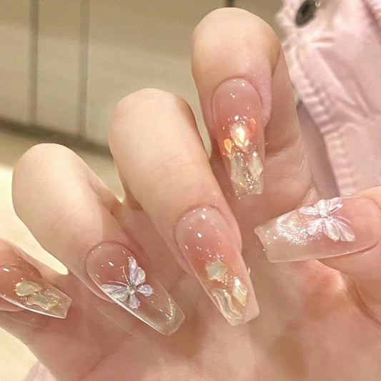 Fairy Garden Long Coffin Blush Pink Press On Nail Set with Floral Accents and Glitter Details