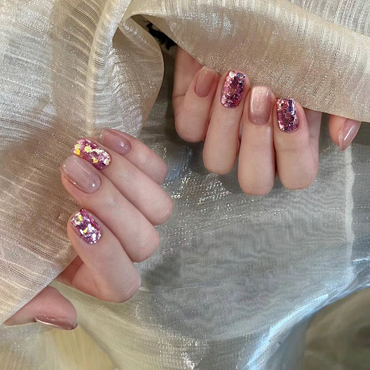 Glamorous Garden Short Square Pink and Glitter Press On Nail Set with Floral Accents