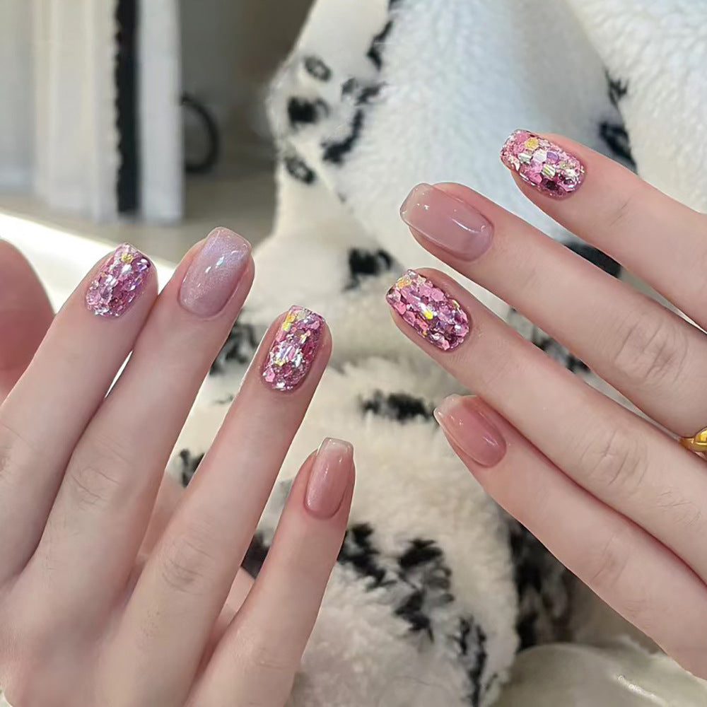 Glamorous Pink Dream Short Square Glitter Press On Nail Set with Unique Iridescent Finish