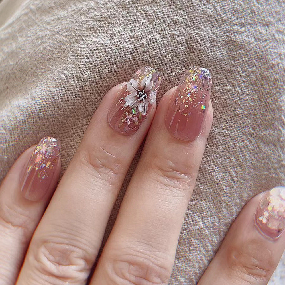 Blossom Garden Medium Square Beige Glitter Press On Nail Set with Floral Accent