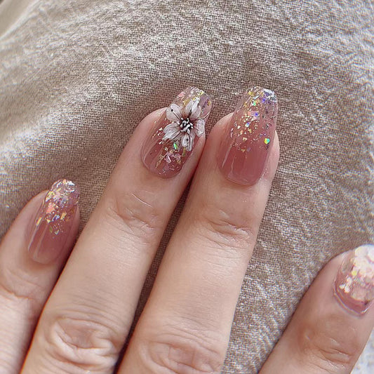 Blossom Garden Medium Square Beige Glitter Press On Nail Set with Floral Accent