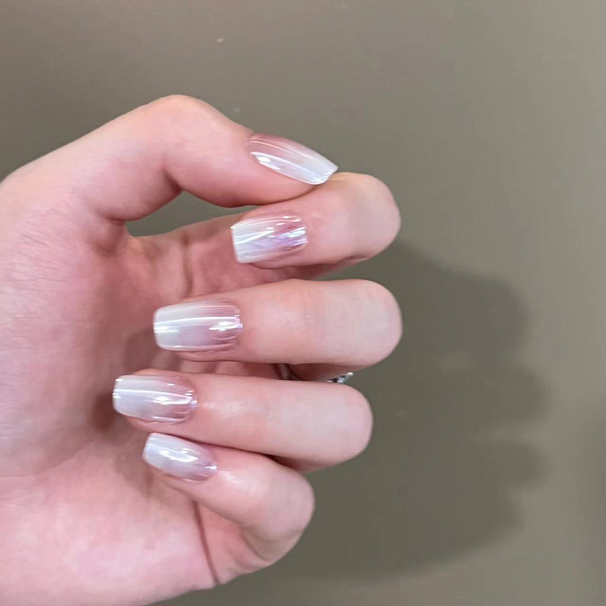 Elegant Serenity Medium Square Clear Ombre Press On Nail Set with Iridescent Finish
