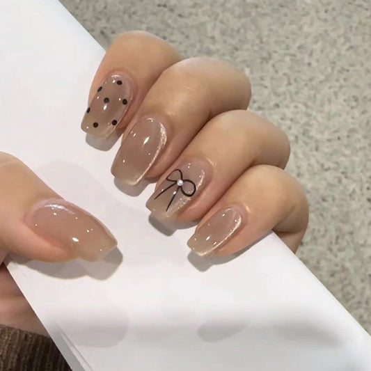 Chic Elegance Medium Square Beige Press On Nail Set with Polka Dots and Bow Design