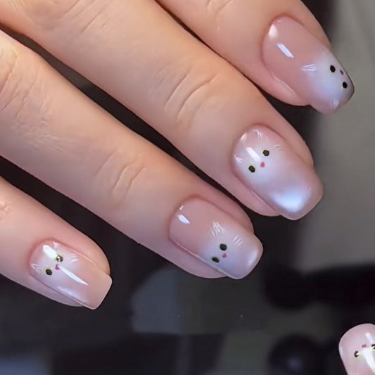 Bunny Bliss Medium Square Pink Ombre Press On Nail Set with Adorable Bunny Faces