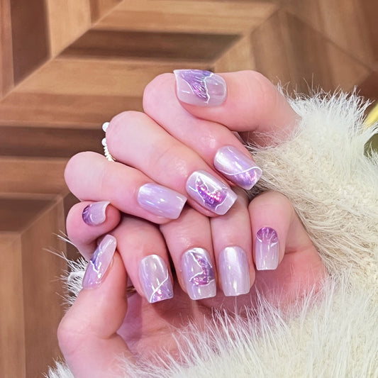 Fairy Dream Short Square Lavender Press On Nail Set with Iridescent Leaf Accents