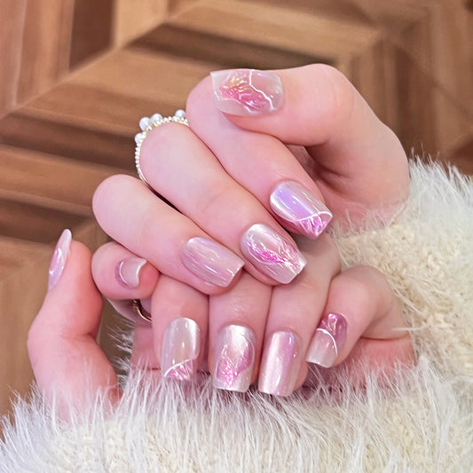 Ethereal Garden Short Square Pink Iridescent Press On Nail Set with Delicate Floral Design