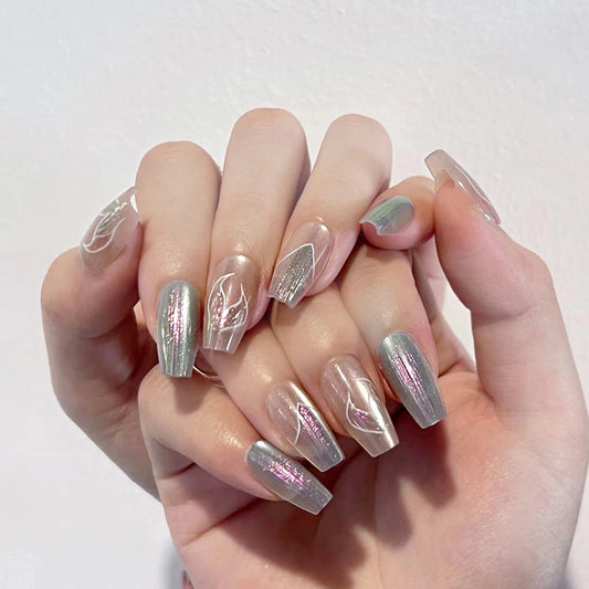 Enchanted Dreamland Medium Coffin Iridescent Press On Nail Set with Glittery Floral Design