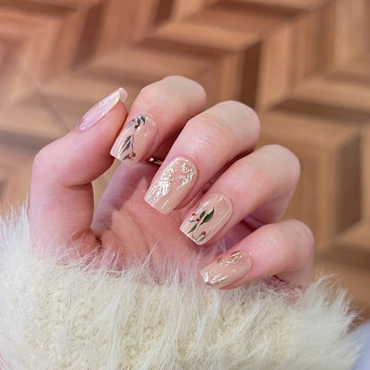 Floral Elegance Short Square Beige Press On Nail Set with Gold Accents and Botanical Design