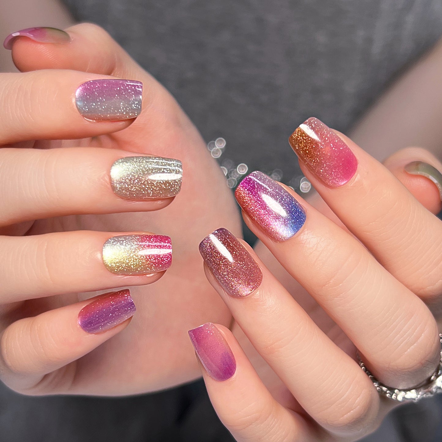 Dreamy Sunset Press On Nail Set Short Square Ombre Shimmer and Glitter Effect