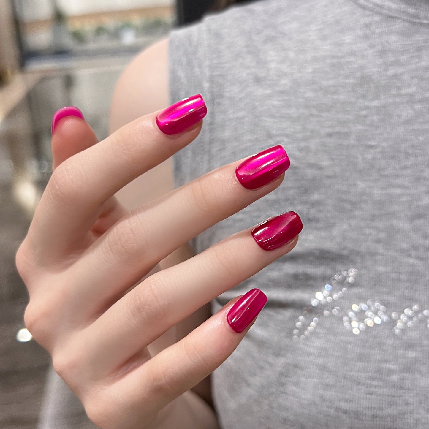 Glamorous Fuchsia Short Square Press On Nail Set with Stunning Glossy Finish