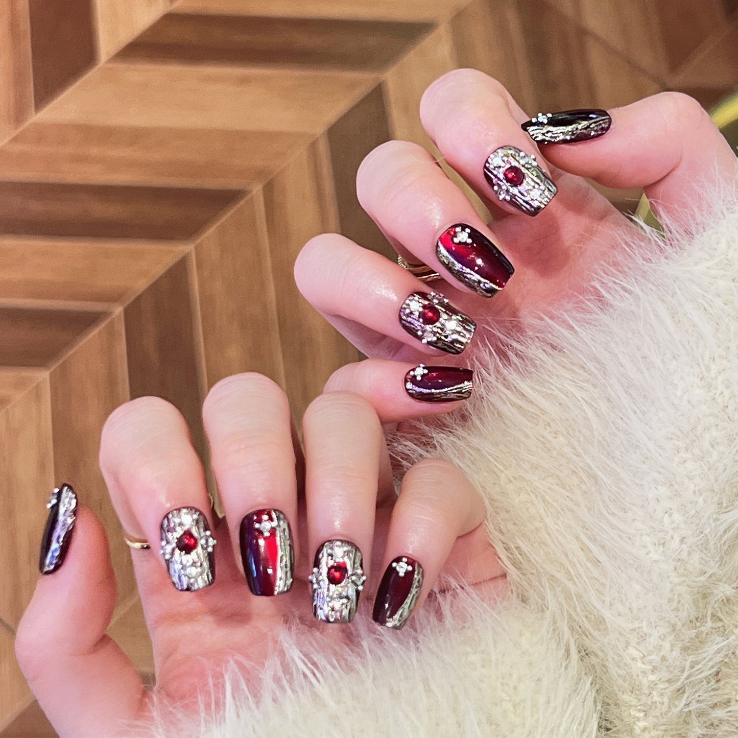 Gothic Glam Short Square Burgundy and Silver Glitter Press On Nail Set with Gemstone Accents