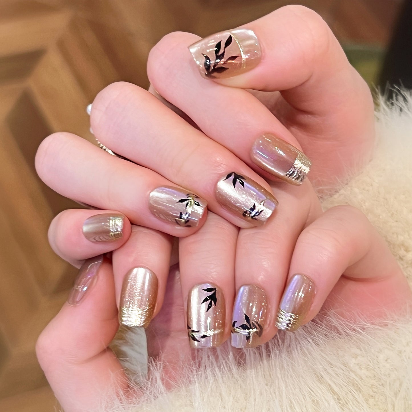 Elegant Garden Inspired Short Square Champagne Press On Nail Set with Leafy Accents