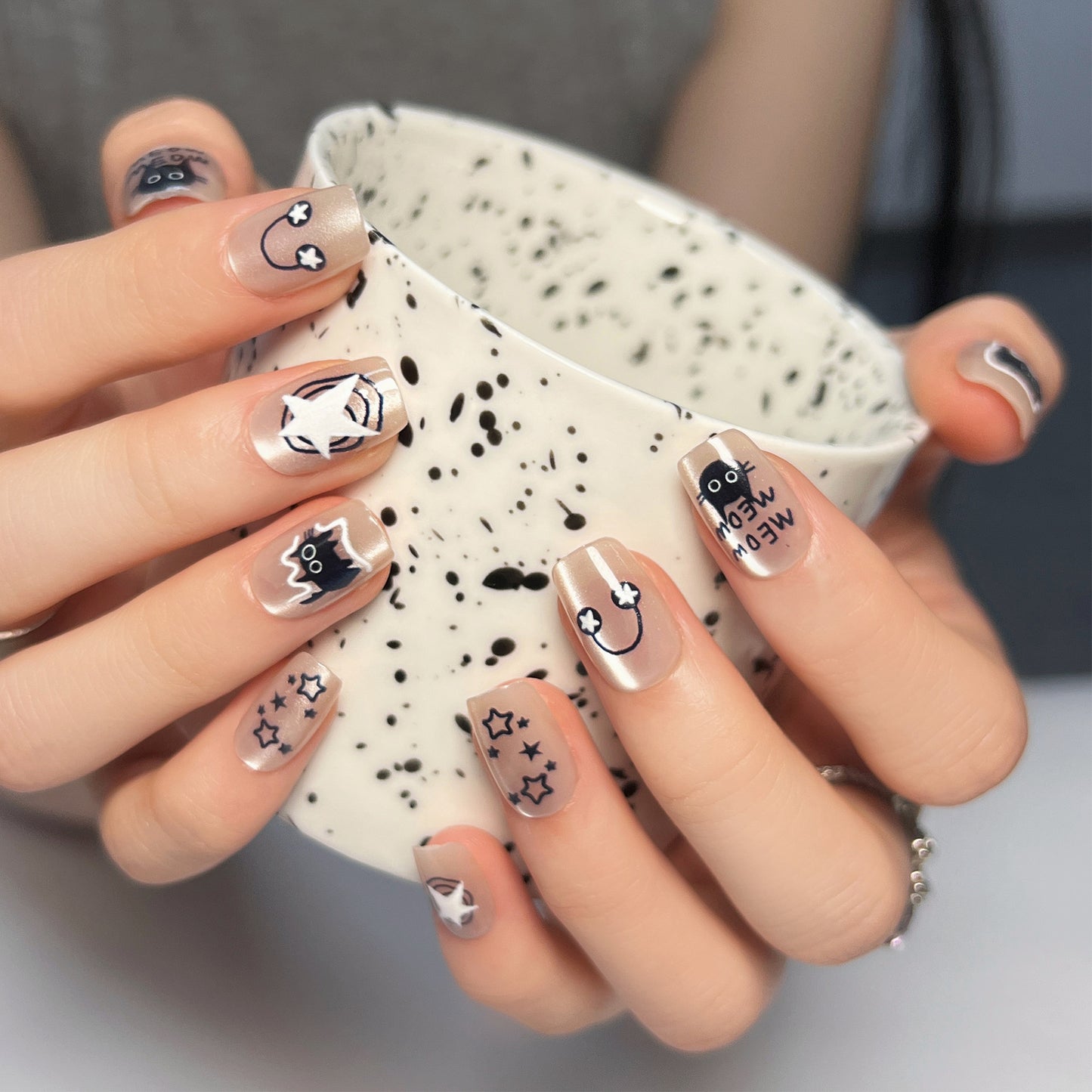 Whimsical Cat Theme Short Square Beige Press On Nail Set with Unique Cute Designs and Stars