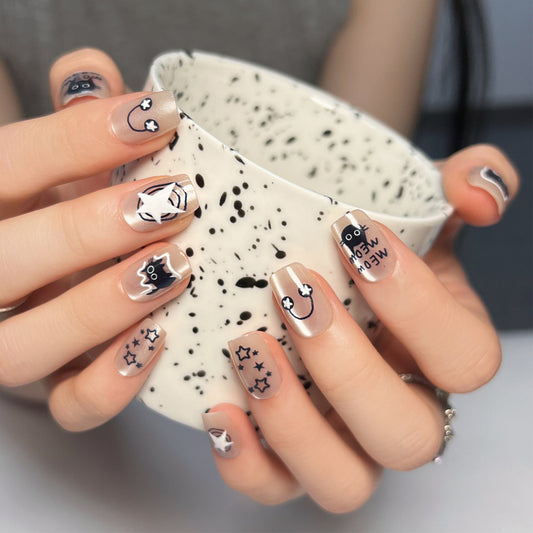 Whimsical Cat Theme Short Square Beige Press On Nail Set with Unique Cute Designs and Stars