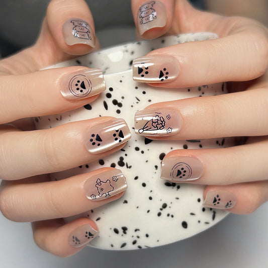 Cute Critters Kawaii Square Press On Nail Set Short Light Beige with Adorable Cartoon Designs