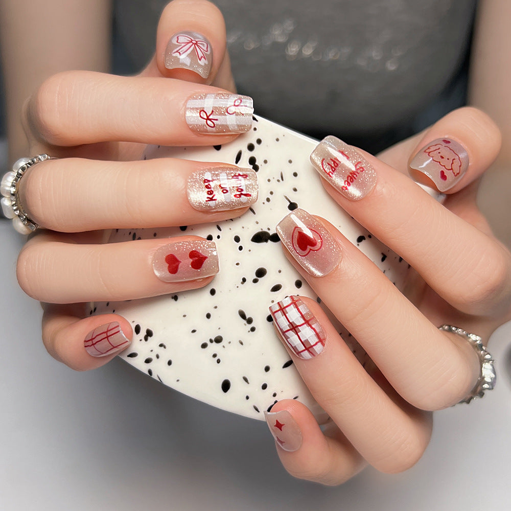Valentine's Day Delight Short Square Clear Red Heart and Bow Press On Nail Set with Charming Love Messages