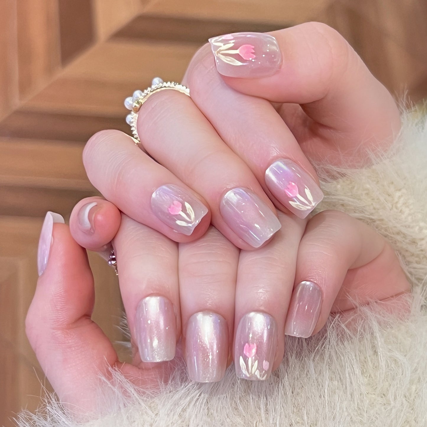 Spring Blossom Square Press On Nail Set Short Pink Shimmer Floral Design