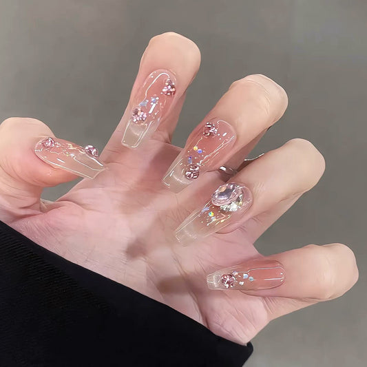 Glimmering Crystal Dreams Long Coffin Beige Press On Nail Set with Rhinestones and Glitter Accents