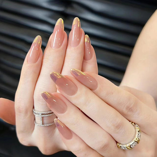 Elegant Rose Gold Themed Medium Almond Shaped Transparent Beige Press On Nail Set with Glittery Ombre Tips