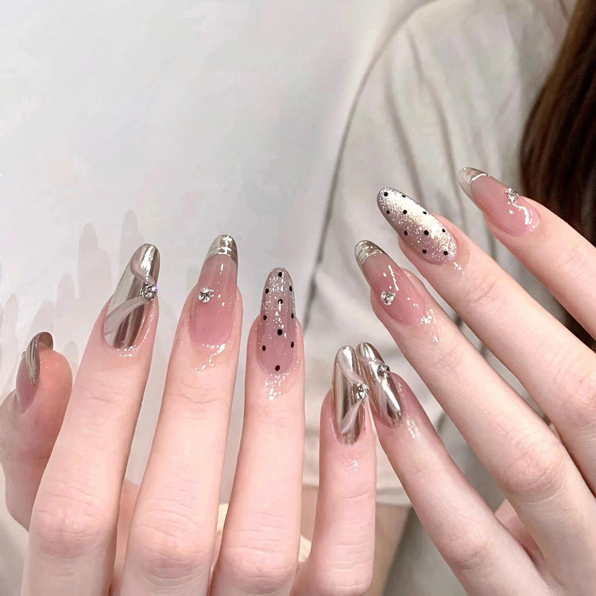 Glamorous Night Out Medium Almond Ombre Pink and Silver Press on Nail Set with Dazzling Rhinestone Accents
