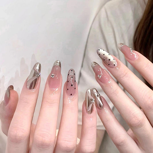 Glamorous Night Out Medium Almond Ombre Pink and Silver Press on Nail Set with Dazzling Rhinestone Accents